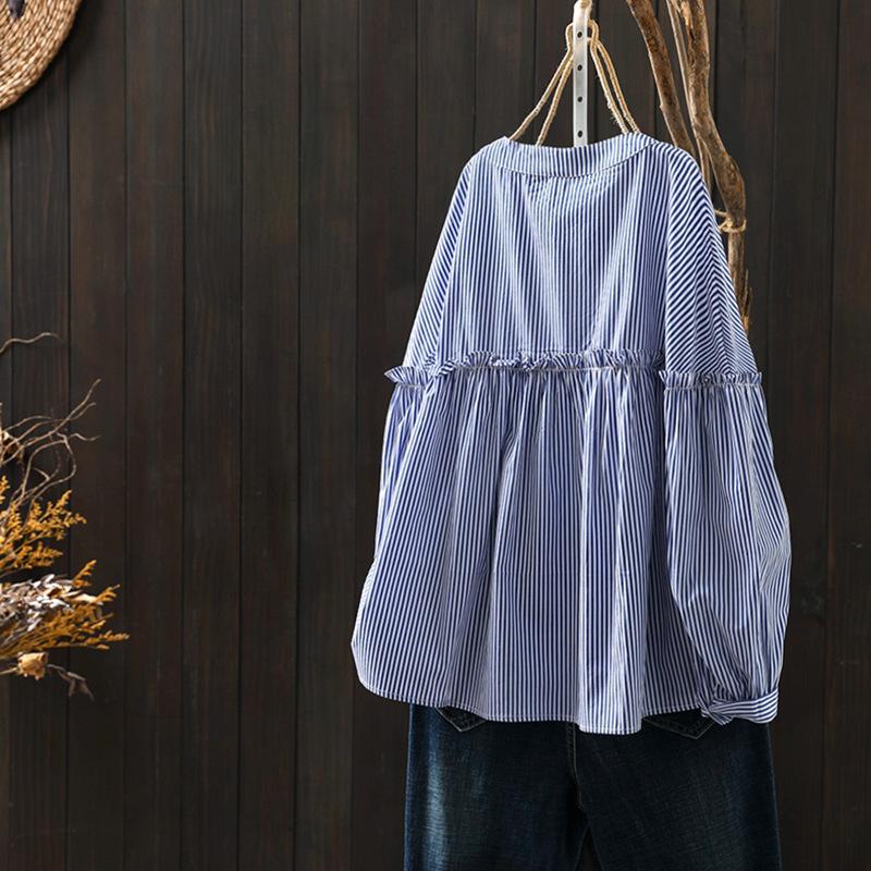Blue Striped Cotton Shirt Women's Long-sleeved Spring Loose Top with Wooden Ears Bottoming Shirt