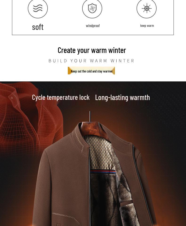 Woodpecker Dad Winter Fleece-Lined Wool Coat for Middle-Aged and Elderly Men, Warm and Thickened, Sizes for 50s to 60s.