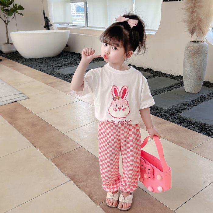 Girls Summer Short Sleeve T Shirt with Cute Cartoon Print and Plaid Pants Set 90