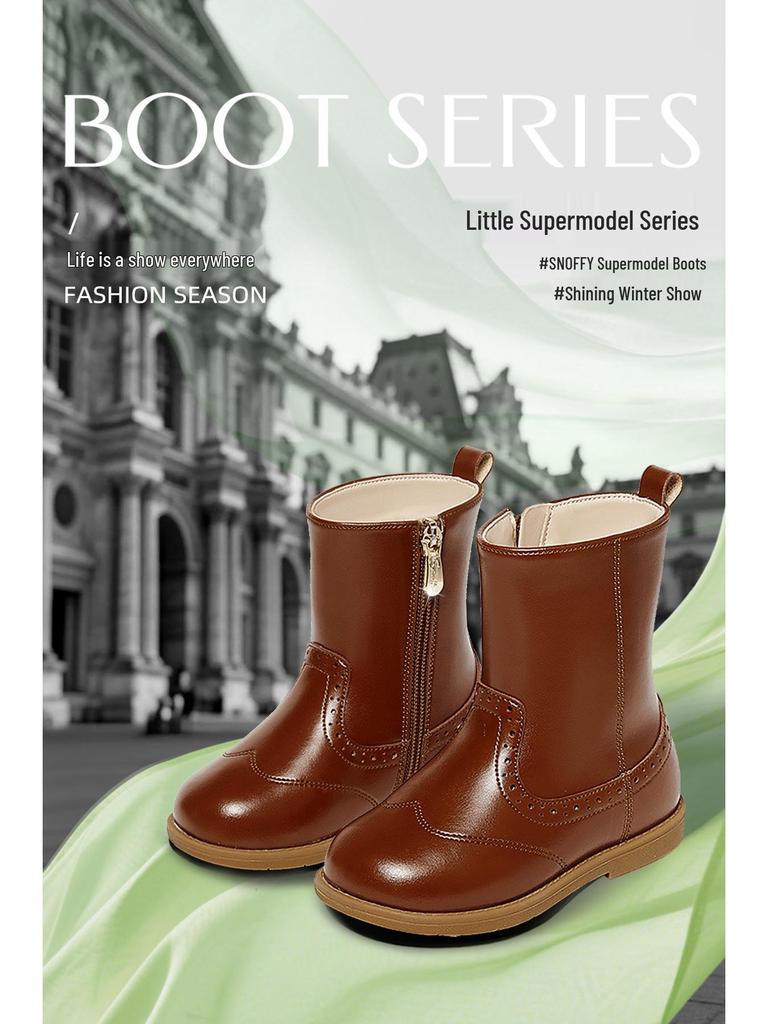 Snuffy Girls' White Leather Mid-Calf Boots - Stylish Warm Princess Boots for Autumn/Winter