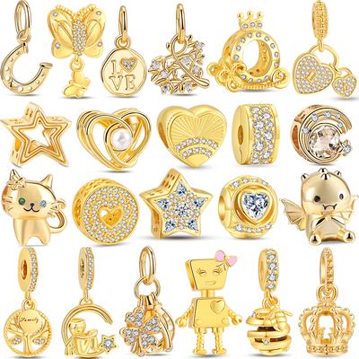 Gold Plated Sparkling Family Tree Bee Sparkling Love Stamp Dangle Charm Jewelry Beads Fit Original Silver 925 Bracelet