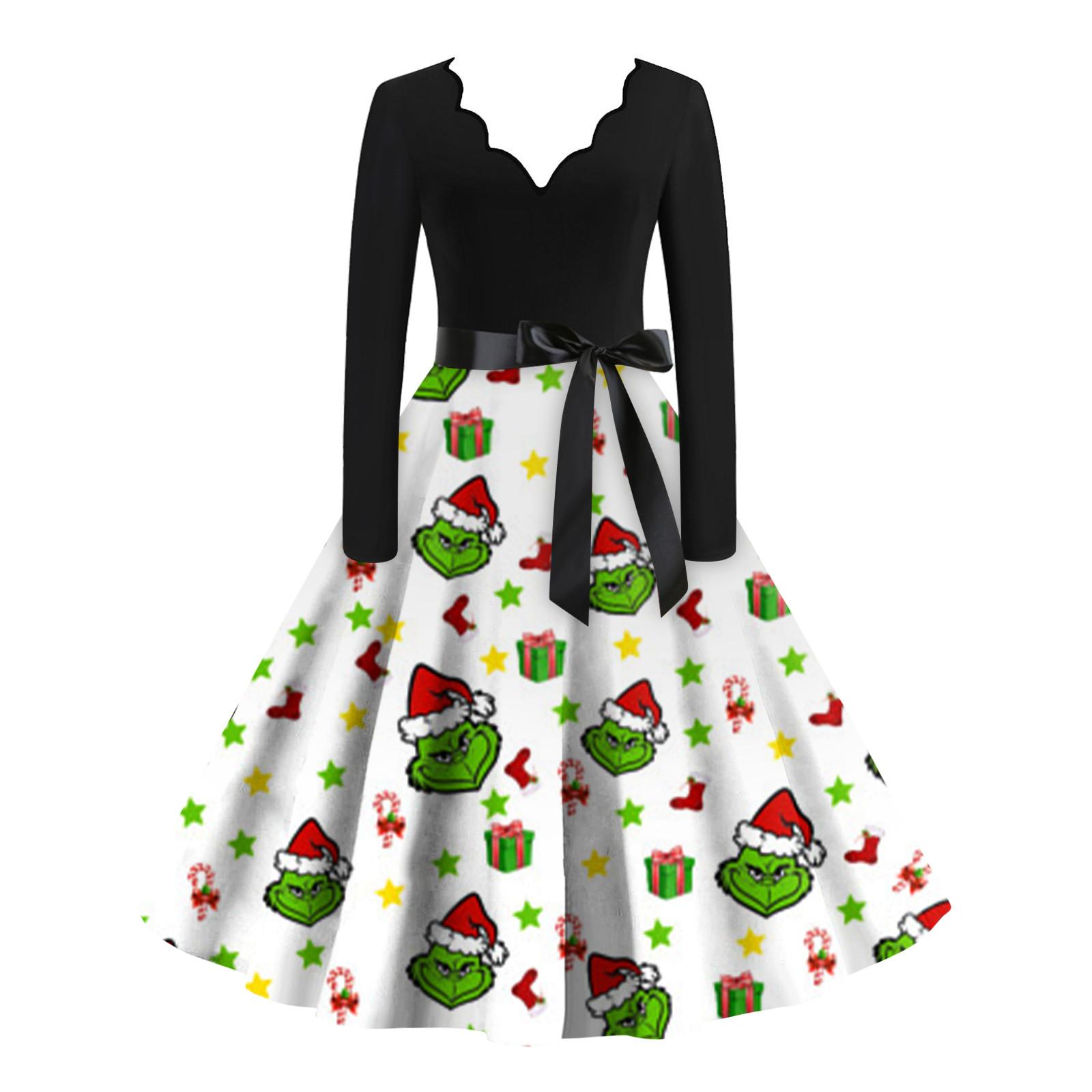 

Женские рождественские повседневные модные винтажные платья с v-образным вырезом и длинными рукавами с принтом