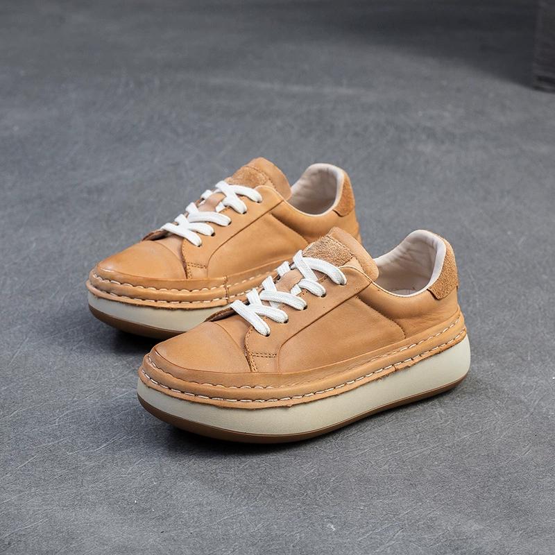 

Модные кроссовки GKTINOO Женские из натуральной коровьей кожи, балетки с круглым носком на шнуровке, весенне-осенние, женская повседневная плоская обувь, ручная работа 250 жёлтый