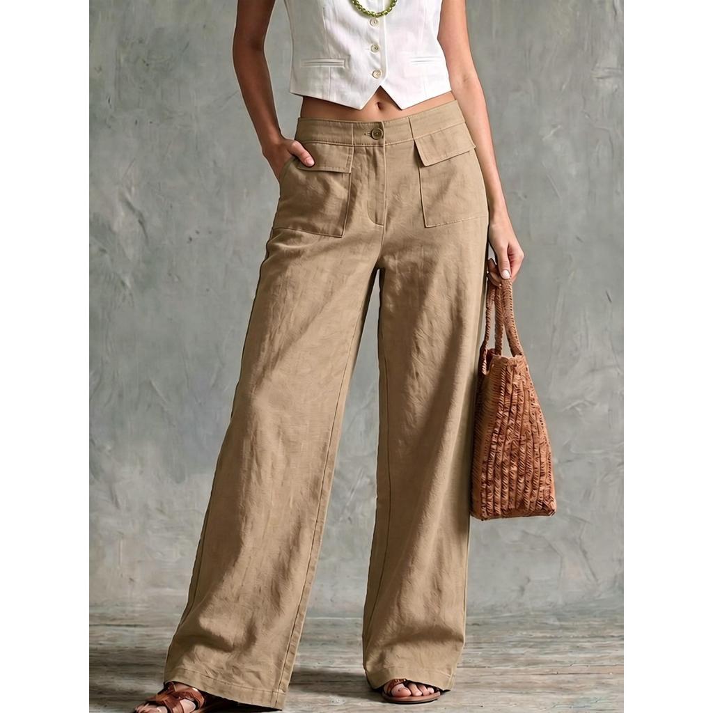 Women's High Rise Wide Leg Pants Loose Fit Solid Color Linen Palazzo Trousers Casual Commute Straight Leg Pants