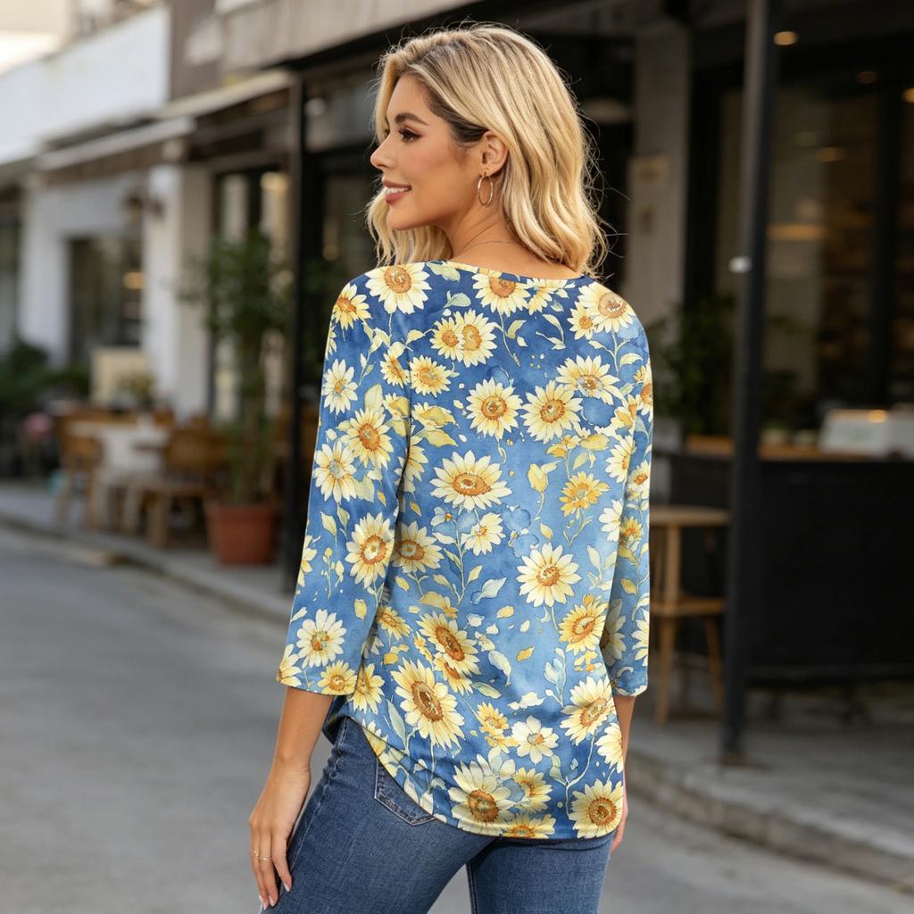 Women's Casual 3/4 Sleeve Floral Print Round Neck Top Lightweight Comfortable Fit Soft Fabric Blouse for Everyday Wear