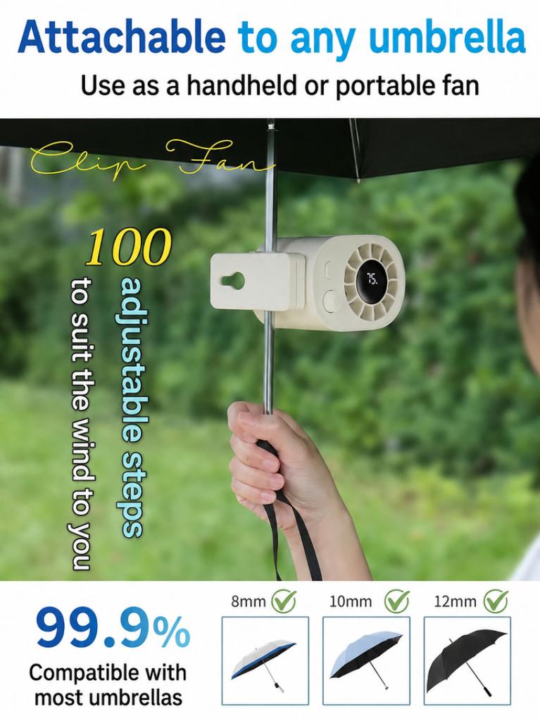 Desktop Clip-on Cooling Fan High-speed Adjustable 100-speed fan,USB Rechargeable Neck Fan for Travel Camping and Outdoors