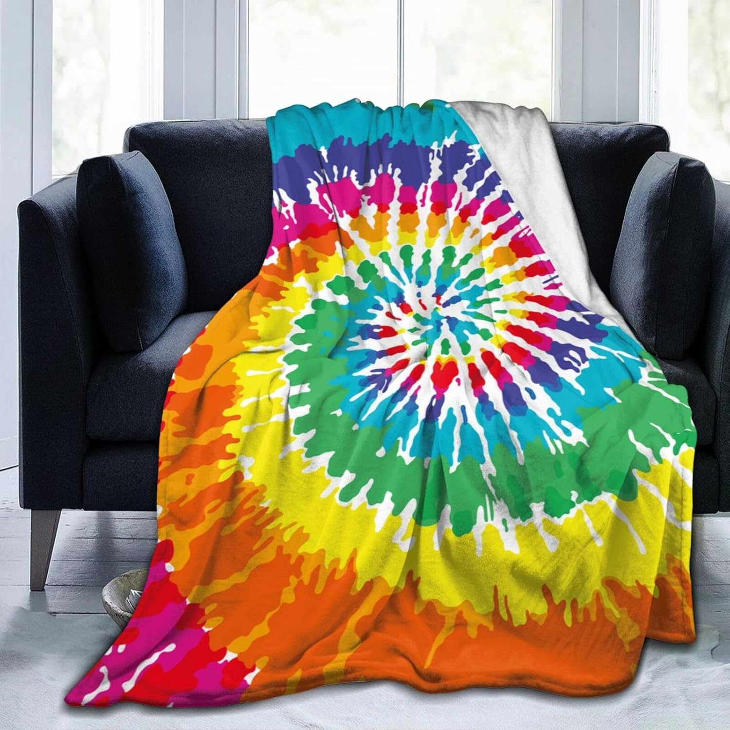 

Colorful Tie Dye Rainbow Blanket Soft Lightweight Throw Blankets Cozy Flannel Bed Throws for Sofa Couch Travel Home Room Bedroom 75x90cm