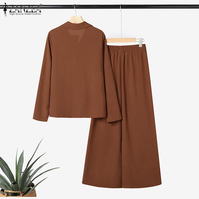 ZANZEA Womens Long Sleeve Blouse and Wide Leg Pants Casual Two Piece Suit Sets