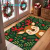 Christmas Reindeer Doormat Cute Deer Red Antler Entrance Carpet Dark Green Floral Pattern For Home Front Door Festive Floor Mat