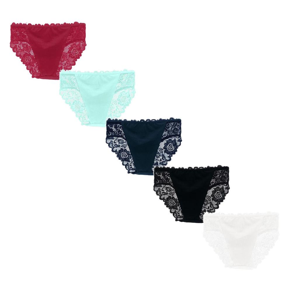 Women's Lace Trim Bikini Panties Set of 5 Stretchy Seamless Underwear with Floral Mesh Panels and Soft Fabric for Everyday Comfort