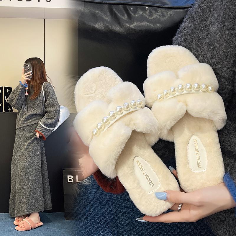 Fashion French Straight Cotton Slippers Women's Outer Wear Autumn and Winter New Comfortable Retro Flat Plush Mop