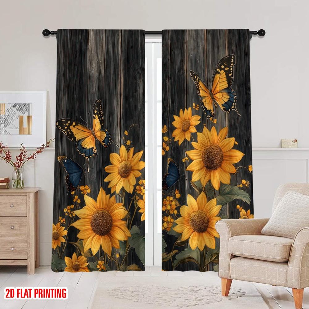 2D Flat Printing 2pcs Party Curtains Vintage Sunflower Durable Polyester,Without Electricity Party Decorations Use for Holiday