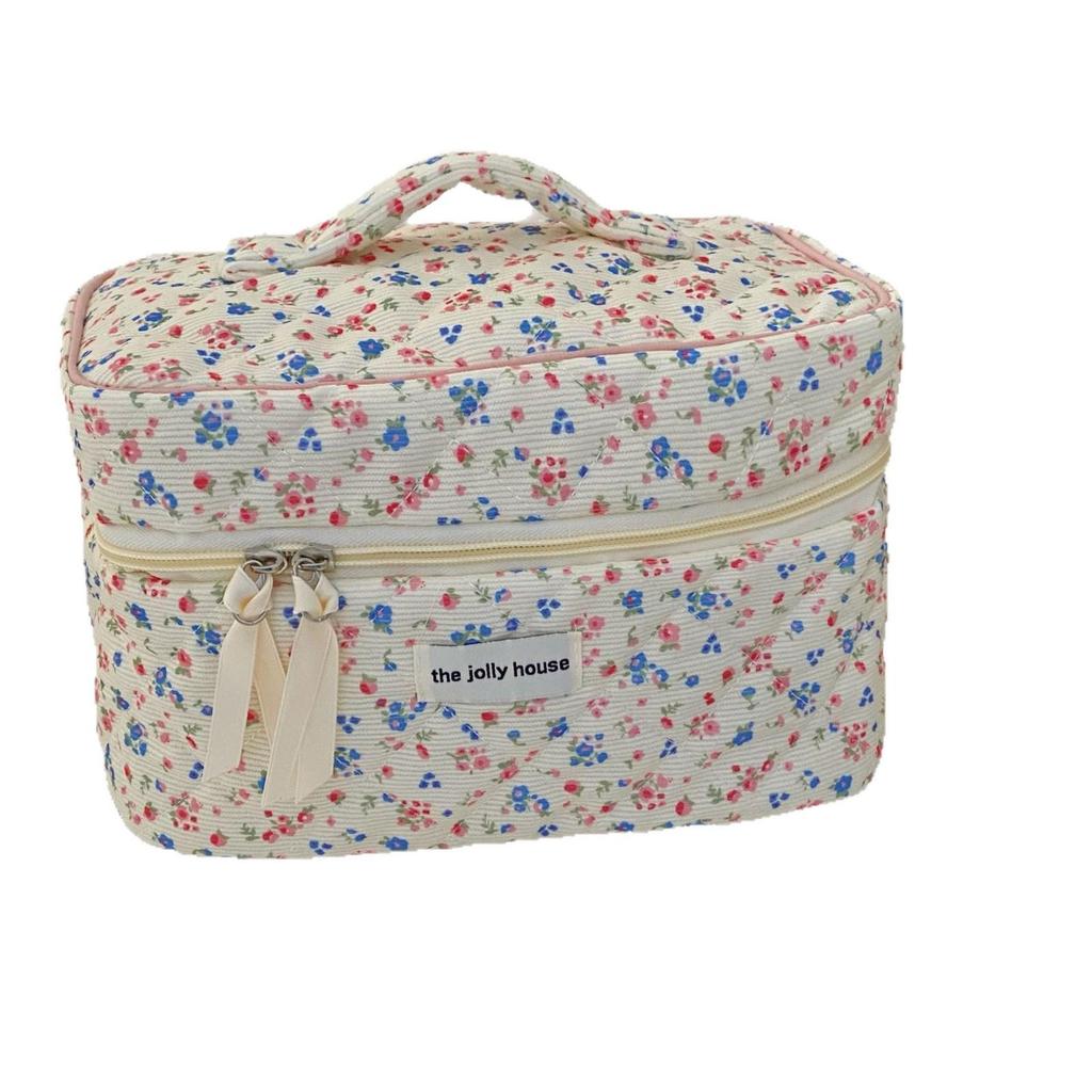 Large Floral Corduroy Makeup Bag for Women - Portable Handheld Skincare Storage