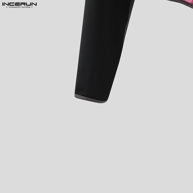 INCERUN Men Stand Neck Long Sleeve Bandage PU Patchwork Casual Cropped Tops T-shirts