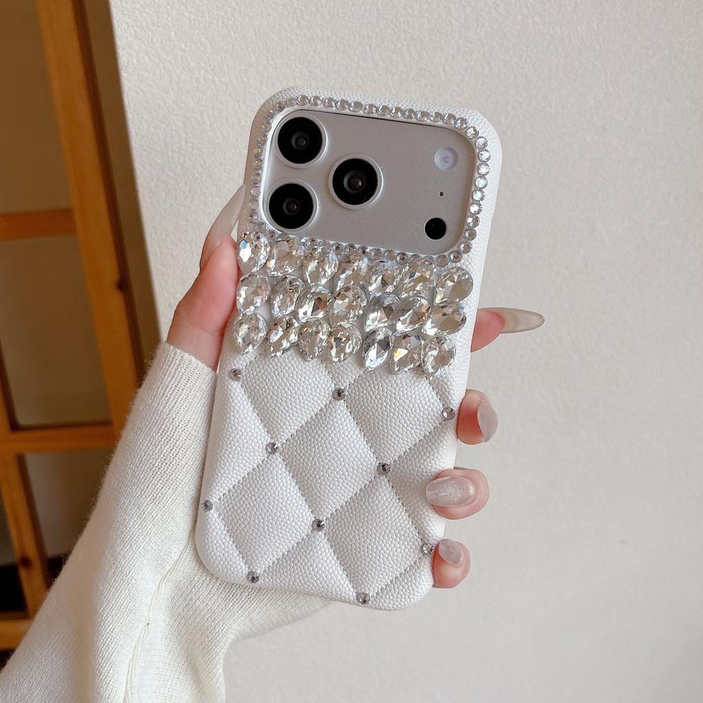 Fashion 3D Grid Glitter Diamond PU Leather Hard PC Phone Case for iPhone Air 16 15 14 13 17 Pro Max Bling Rhinestone Girly Cover