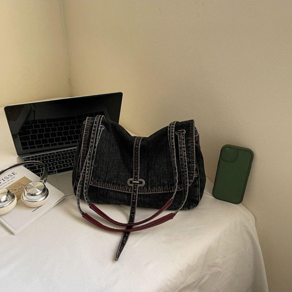 Large Capacity Denim Cloth Bag Retro Vintage Handbag Fashionable Canvas Shoulder Bag  Streetwear