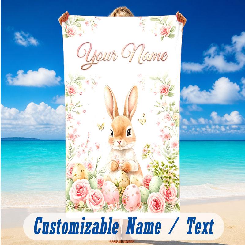 Easter Bunny Theme Beach Towel Personalized Custom Name & Text Soft Quick Dry Beach Towel for Swimming Travel