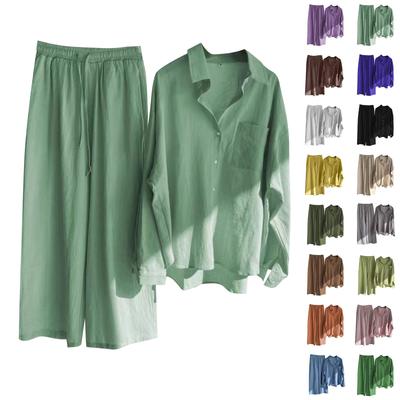 Women's Set Solid Cotton Linen Shirt Long Sleeve High Waist Loose Pants Two Piece Set