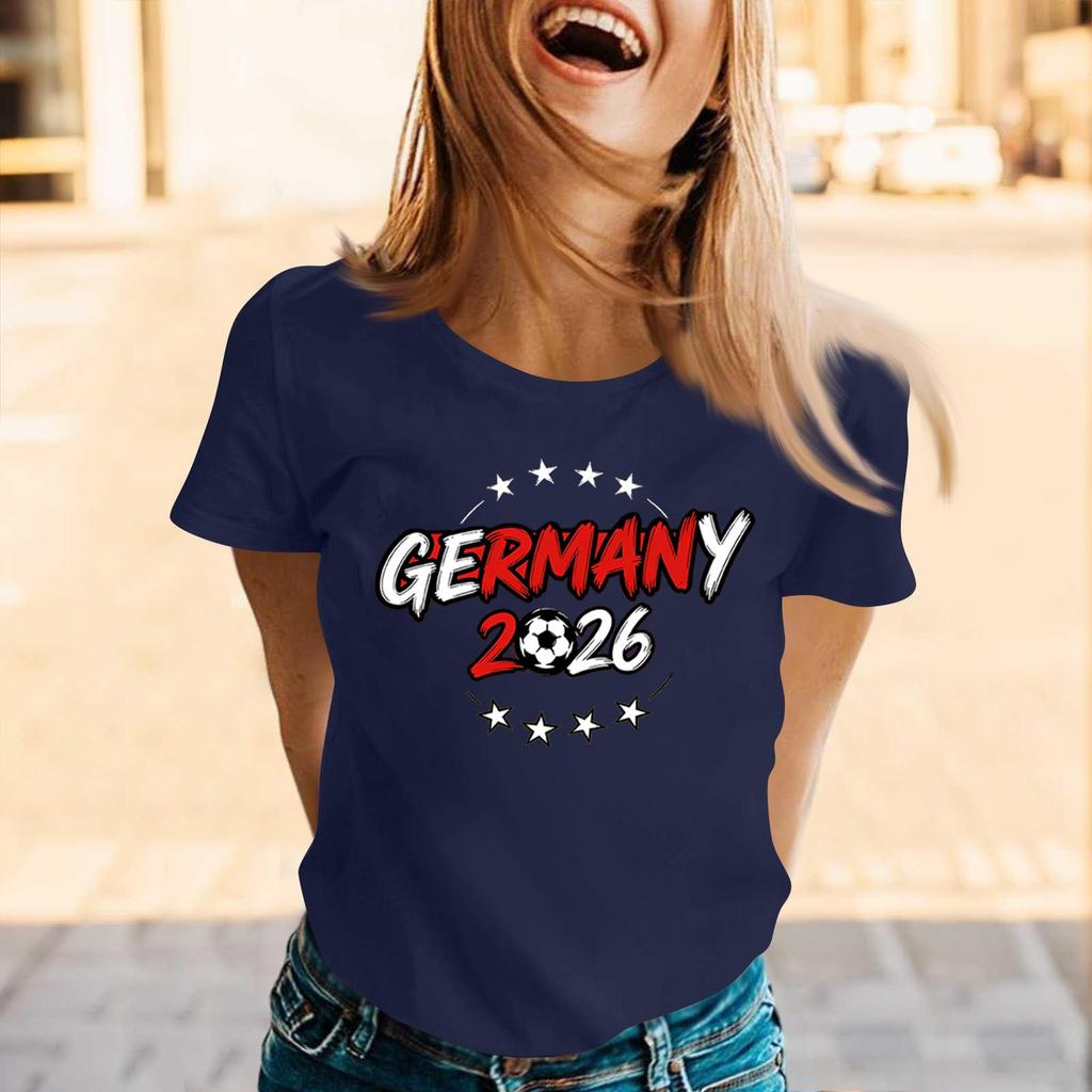 Womens Crew Neck Short Sleeve Pullover T Shirt with Letter Print Germany 2026 Graphic Casual Loose Fit Top for Supporters