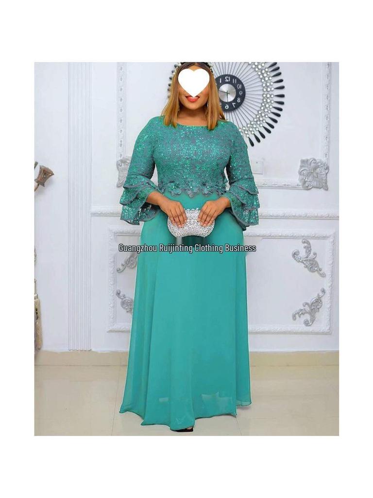 African European Women's Plus Size 2023 New Lace Heavy Work Chiffon Dress