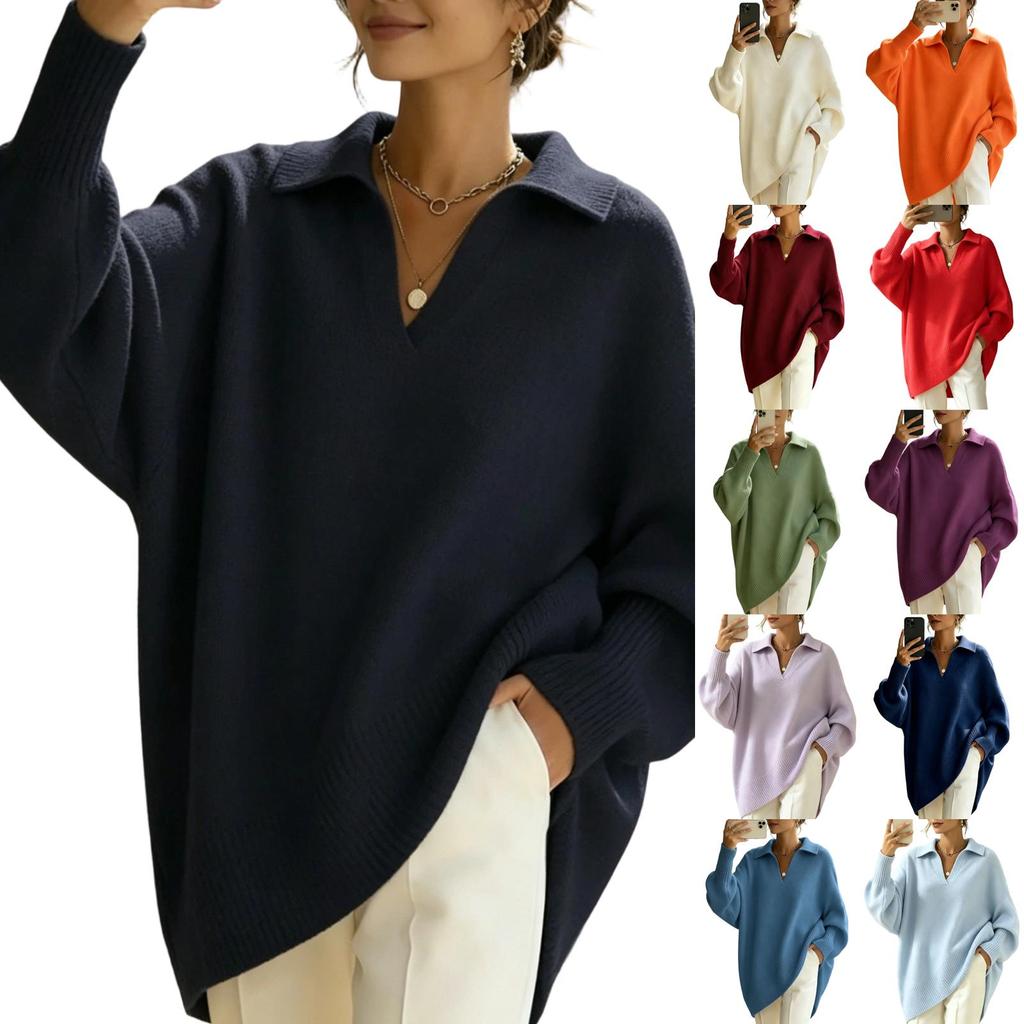 Women's Color Long Sleeve Knit Sweater Oversized Relaxed Fit Casual Outwear