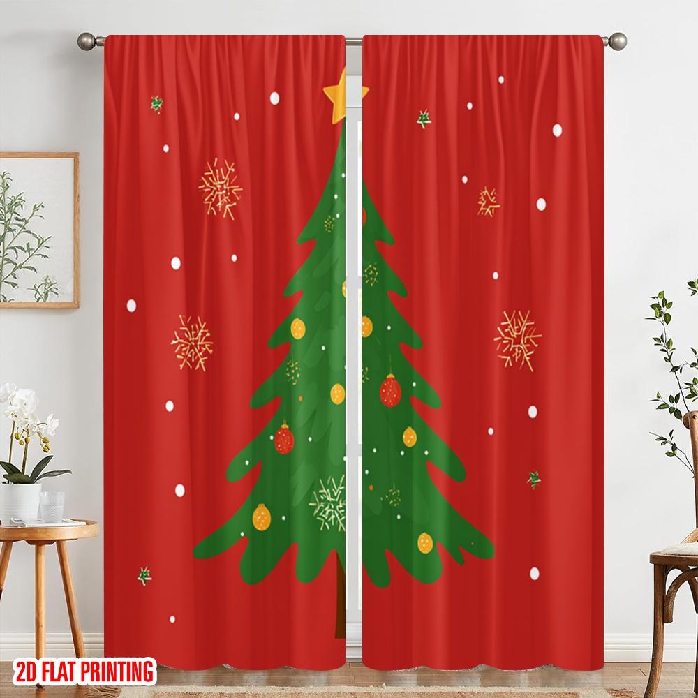 2pcs,2D Plane Printing Curtain Popular Christmas Trees Polyester Easy Install (without Rod) Holiday Ldeal for Living Room,