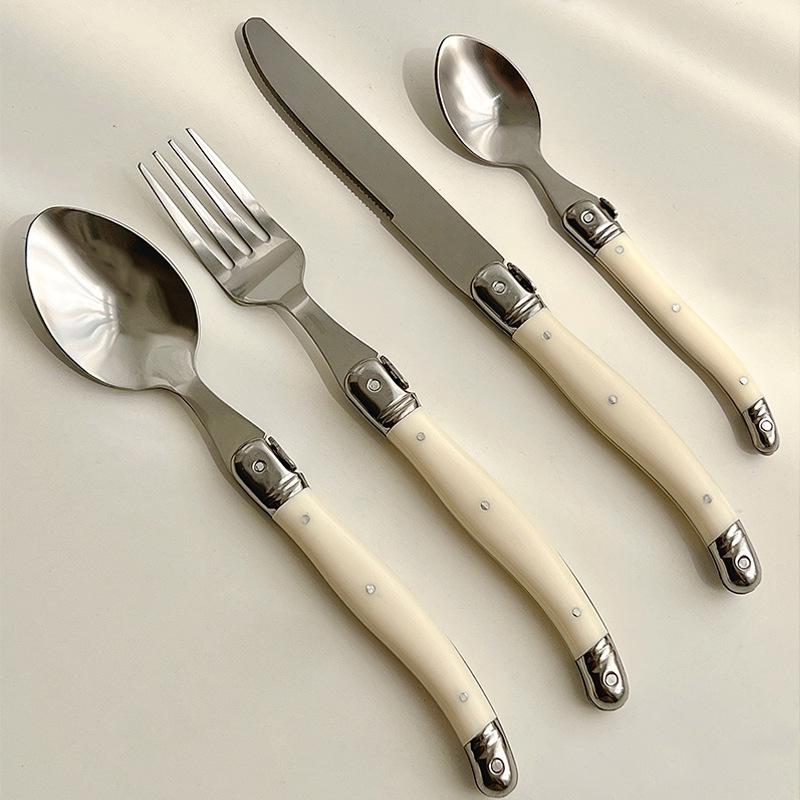 24Pcs Laguiole Cutlery Set Steak Knife Fork Soup Tea Spoon Ivory White Plastic Handle Food Grade Stainless Steel Dinnerware