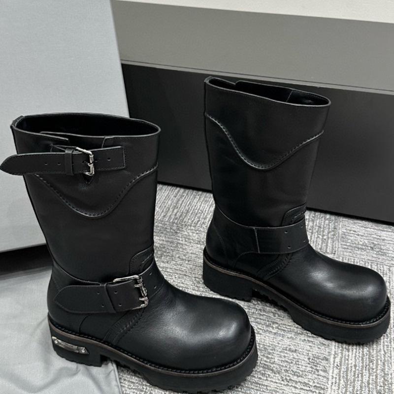 Ladies Black Leather Buckle Strap Boots High Top Thick Sole Edgy Style For Women Fashion Motorcycle Boots