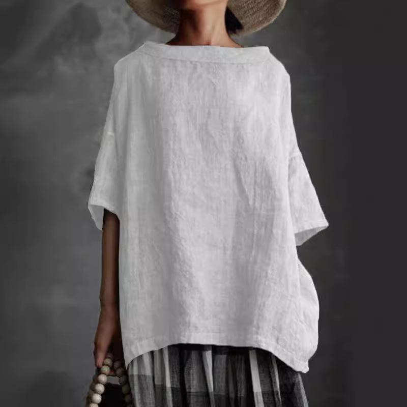 2022 Καλοκαίρι Νέο Ευρωπαϊκό & Αμερικάνικο Βαμβακολινό Λινό Μονόχρωμο Φαρδύ Γυναικείο Μπλουζάκι με Στρογγυλή Λαιμόκοψη