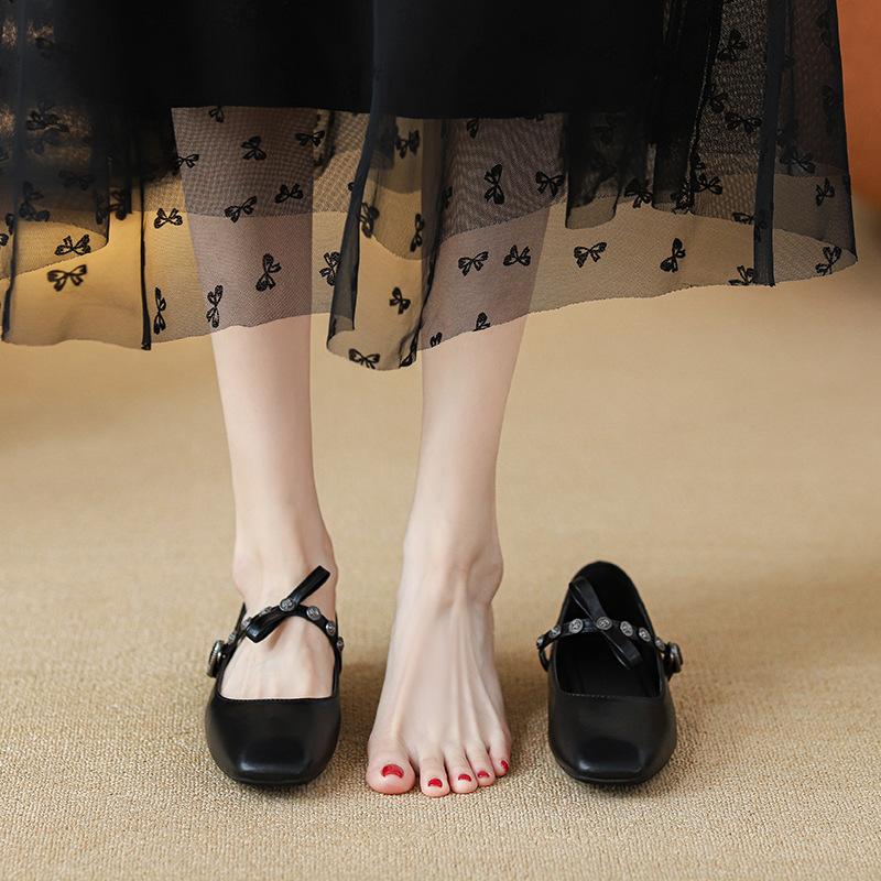 Single Shoes Women's Flat Bow Light Mouth Ballet Shoes Small Square Head Retro Casual Driving Mary Jane Shoes