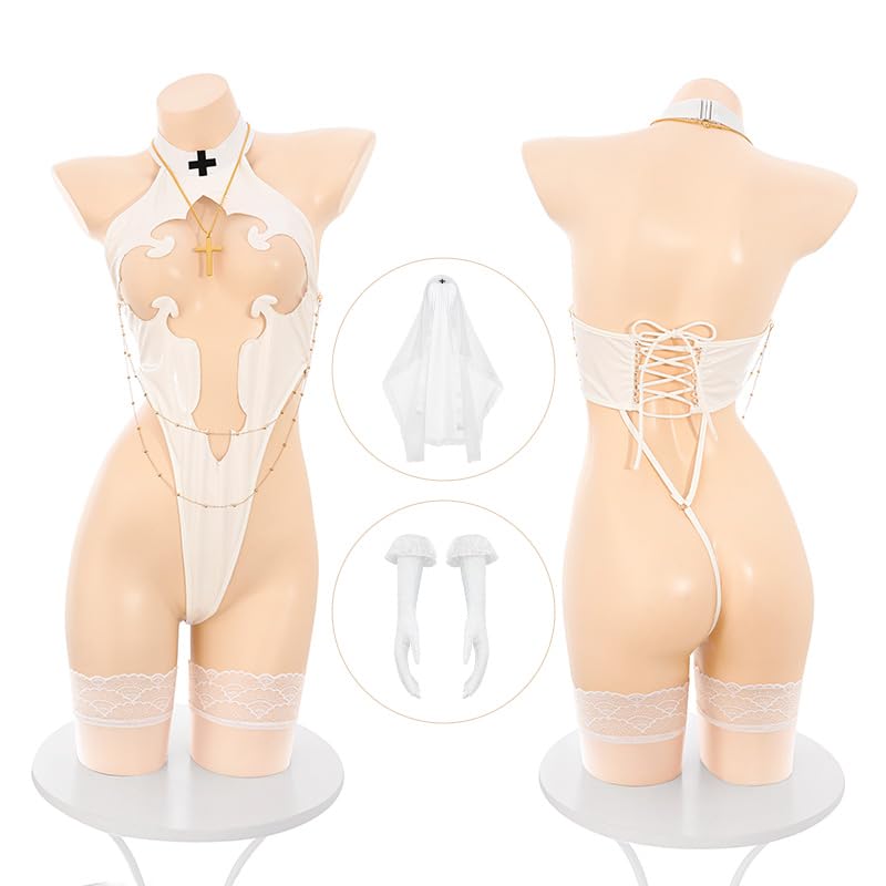 Ahegao Sister Cosplay Sexy Nun Costume with Cross Pure Saint White Sheer Extremely Babydoll Halloween Set & Veil, Leotard, Erotic, Seductive, Exposed,