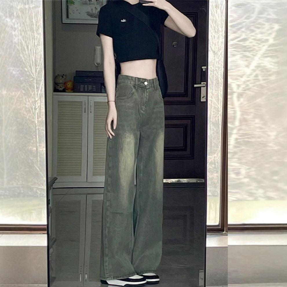 Design Sense Abrasion Straight Mopping Pants Summer High-waisted Vintage Blue Loose Skinny Wide-legged Jeans Women's Retro Baggy Long Jeans for Ladies