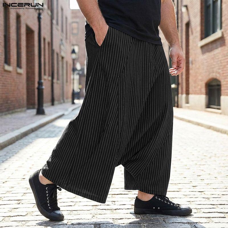 INCERUN Vintage Men Elastic Waist Gothic Striped Casual Baggy Drop-crotch Pants