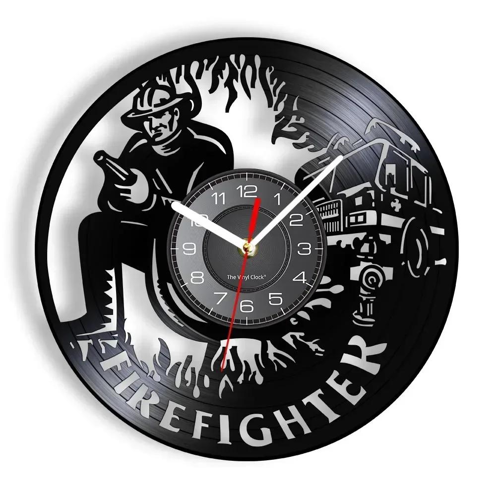 Firefighter Art Vinyl Record Wall Clock Fire Truck Fire Department Wall Watch Firefighter Home Decoration Wall Clock Gift