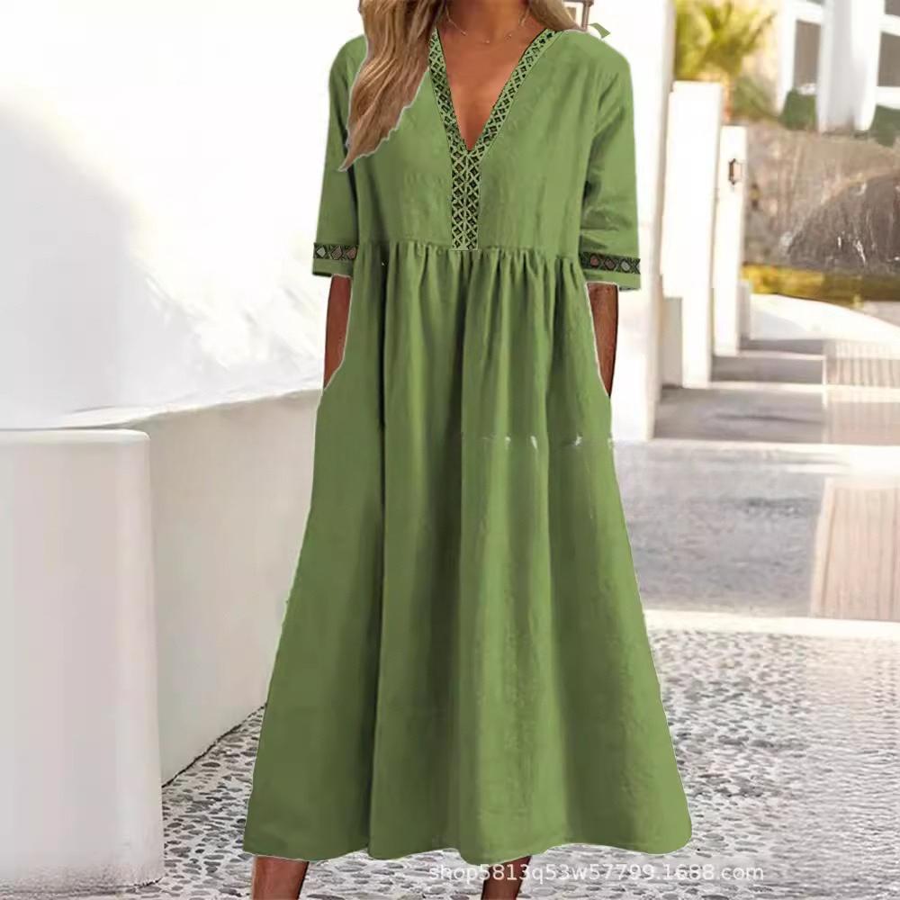 VEZFAA Women's Fashion Summer Spring Solid Color Print Short Sleeve V-Neck Loose Waistline Casual Dresses