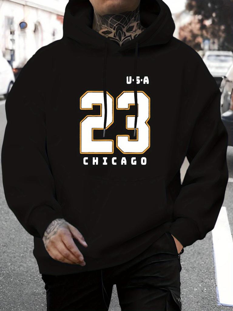 New 2025 unisex Personalized Chicago Letter Pattern Print Hoodie - Autumn And Winter Casual Knitted Fabric Pullover with Drawstring Hood, Regular Styl