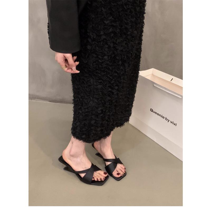 Cool slippers summer slope heel one word silver square head niche thin strap cross women's outer wear slope heel sandals