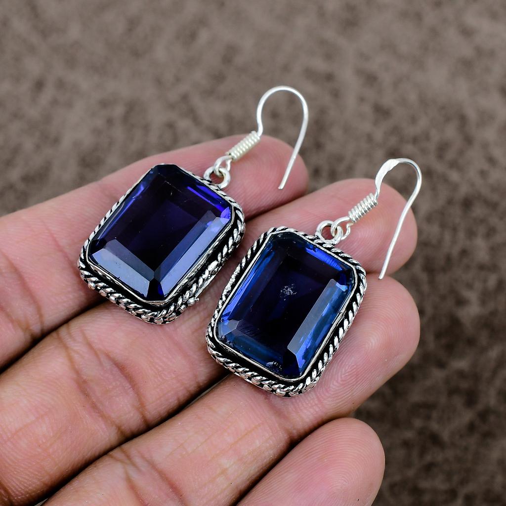 Blue Topaz Gemstone Handmade 925 Sterling Silver Jewelry Earring 1.77" KKG-1005