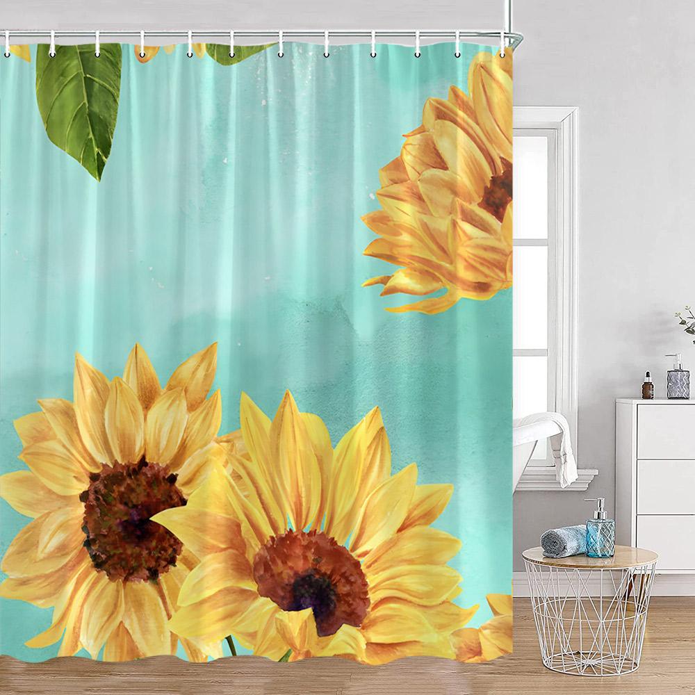 Sunflower Floral Shower Curtains Spring Plants Birds Butterfly Green Leaves Bathroom Curtain Modern Polyester Fabric Bath Decor