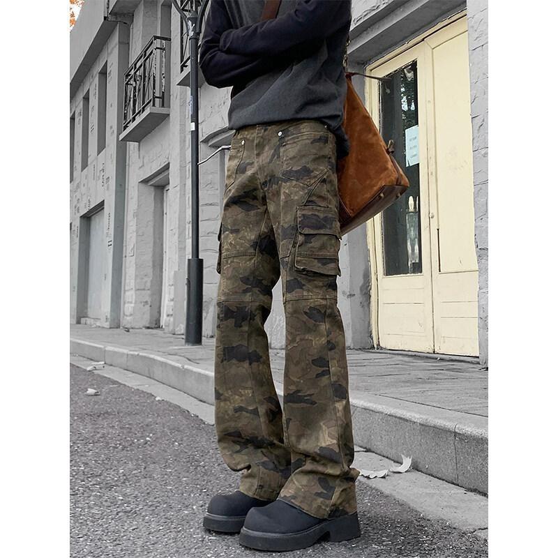 Niche Slim-fit Personalized Hip-hop Camouflage Straight-leg Jeans Men's Versatile Fashion Multi-pocket Splicing Design Overalls