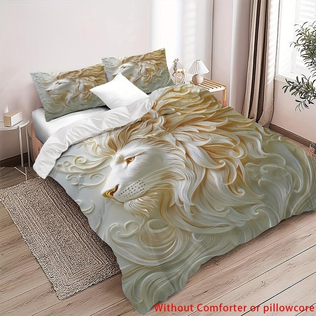 2/3Pcs Lion Duvet Cover Set, 1 Duvet Cover + 1/2 Pillowcase, Without Core Elegant White 3D Relief Lion Pattern Luxury Decorative