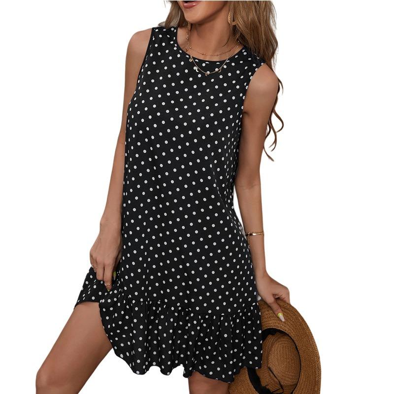 Women's Polka Dot Ruffled Sleeveless Dress Summer Fashion Crew-neck A-line Dress