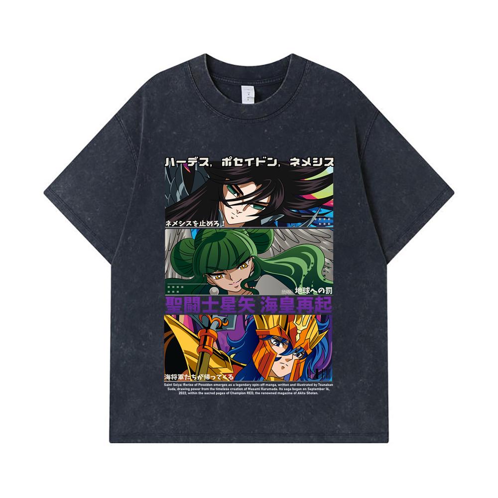 275 GSM Washed T-shirts 100% Cotton Saint Seiya V3 Rerise of Poseidon Print Unisex Heavy Cotton T Shirt