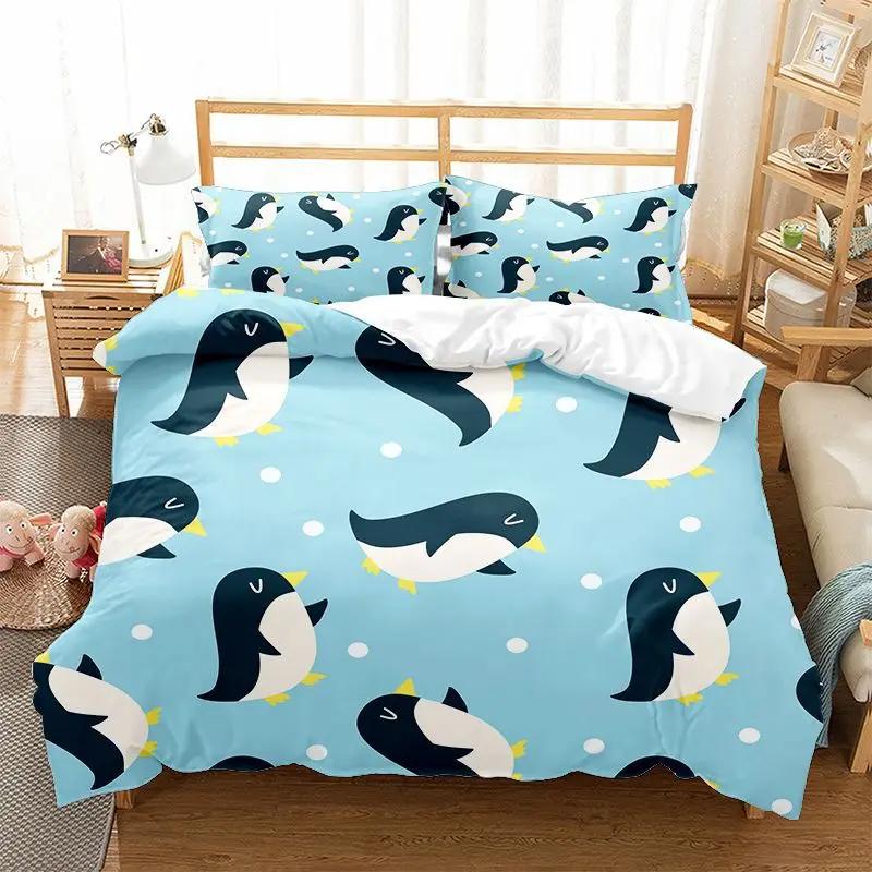 Cartoon Penguin Duvet Cover Set For Boys Girl Animated Antarctic Animal Polyester Quilt Cover White Black King Queen Size