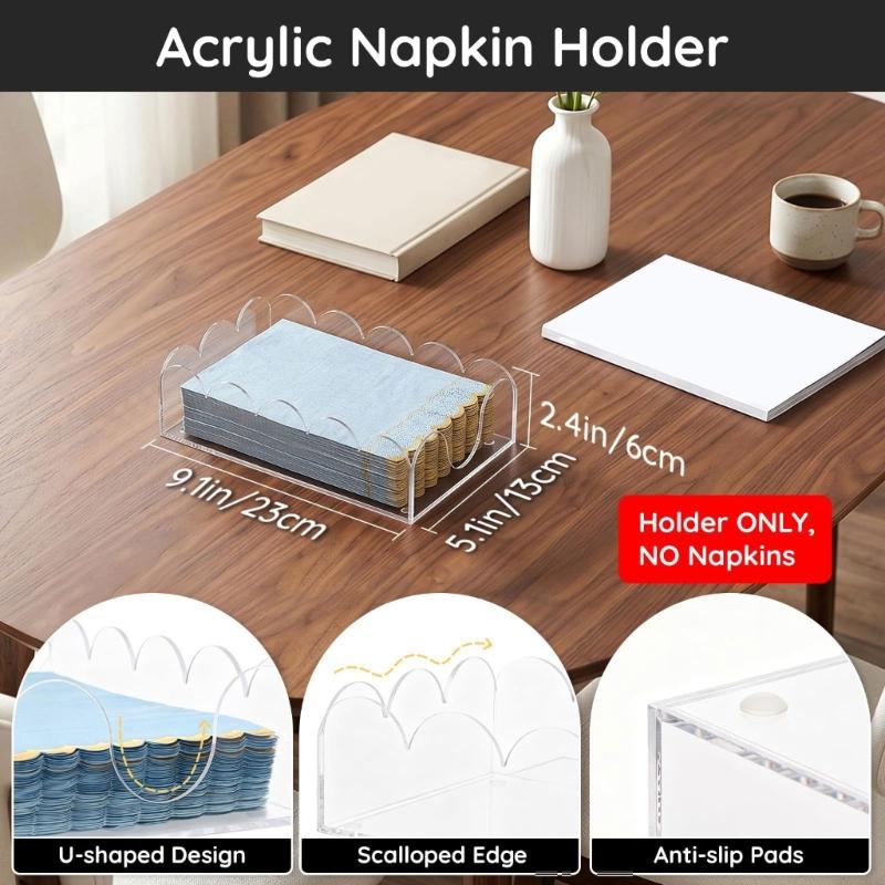 Acrylic Table Napkin Holder for Dining Table, Coffee Table, or Breakroom Table, Clear Direct Access Tray with Raised Base Profile Indoors