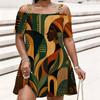 Women Plus Size Cold Shoulder Chain Strap Short Sleeve White Purple Printed Loose Dress