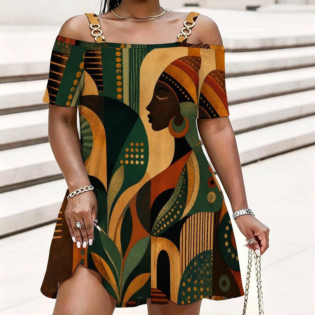 Women Plus Size Cold Shoulder Chain Strap Short Sleeve White Purple Printed Loose Dress