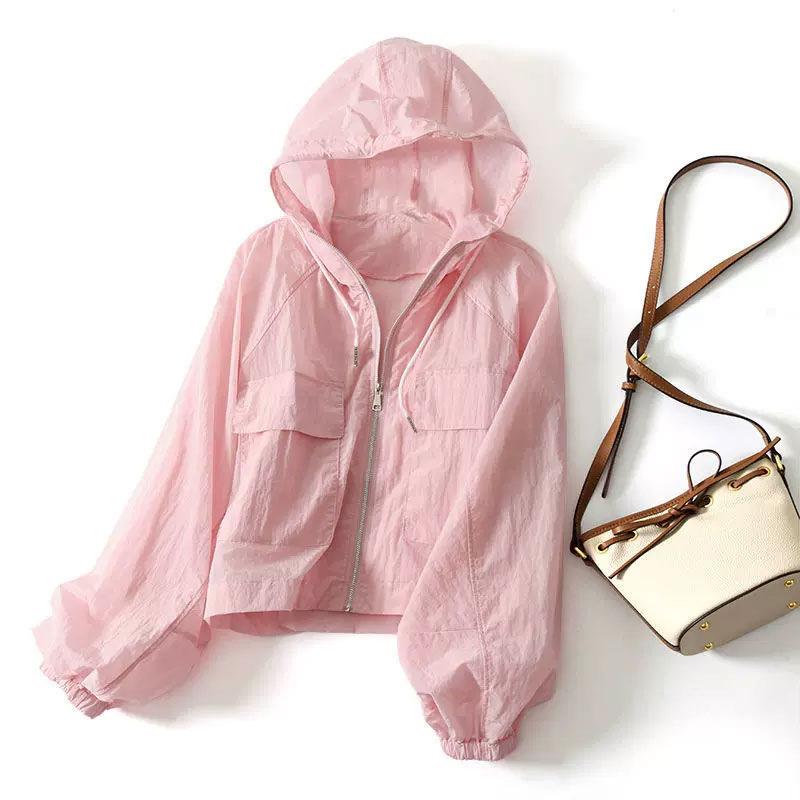 

Легкі сонцезахисні жіночі літні повсякденні вільні короткі модні куртки з капюшоном великих розмірів 2XL рожевий