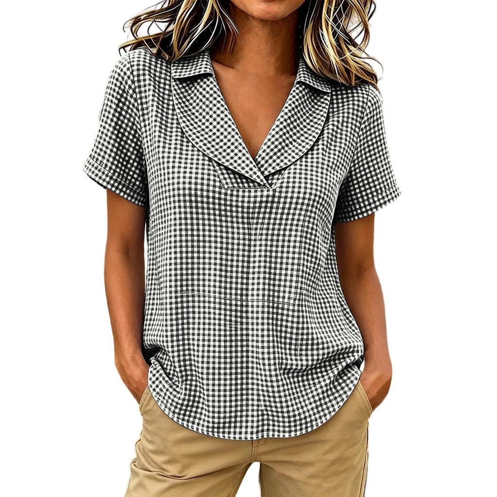 Women's Casual Plaid V-Neck Lapel Short Sleeve Blouse - Loose Fit Top for Everyday Wear