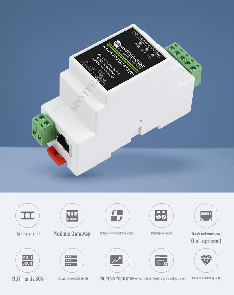 Industrieller RS485 zu RJ45 Ethernet Serieller Server mit TCP/IP, DIN-Schienenmontage und POE-Unterstützung.